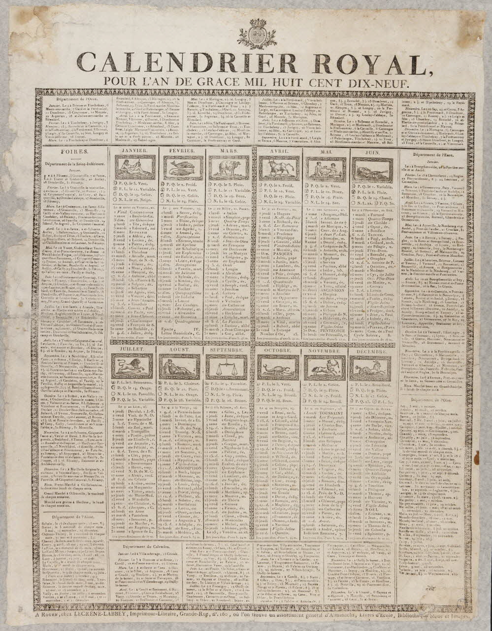 Laurent-Thomas-Joseph Lecrène-Labbey imagerie ancienne CALENDRIER ROYAL,  POUR L'AN DE GRACE MIL HUIT CENT DIX-NEUF. Rouen 1819 1993.2.24 Photo