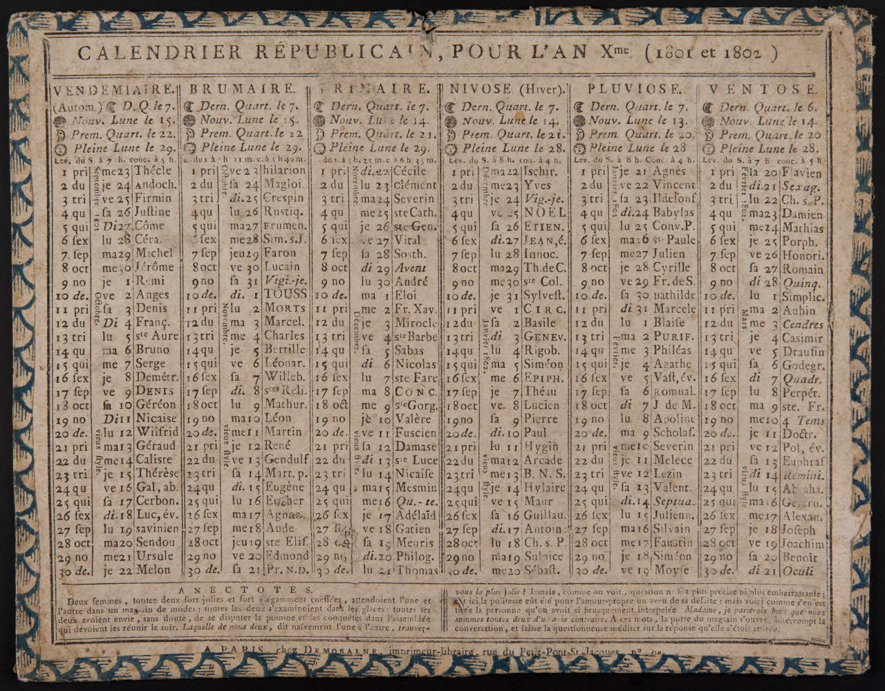 Demoraine imagerie ancienne CALENDRIER REPUBLICAIN POUR L'AN Xme. (1801 ET 1802) Paris 1802 1993.2.245 Photo