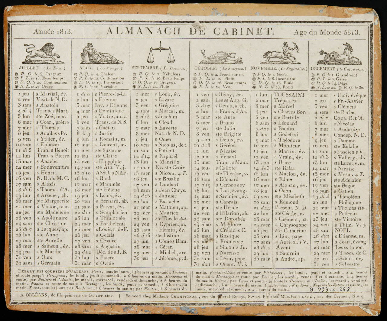 Guyot aîné ; Champignau Mme ; Boullard Anne (lib imagerie ancienne Année 1813. ALMANACH DE CABINET. Age du Monde 5813. Orléans 1812 1993.2.248 Photo