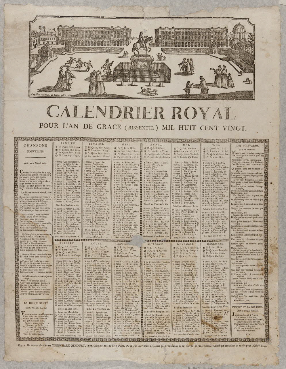 Jean-Michel Papillon ; Trenchard-Béhourt veuve imagerie ancienne CALENDRIER ROYAL  POUR L'AN DE GRACE (BISSEXTIL) MIL HUIT CENT VINGT Rouen 1820 1993.2.25 Photo