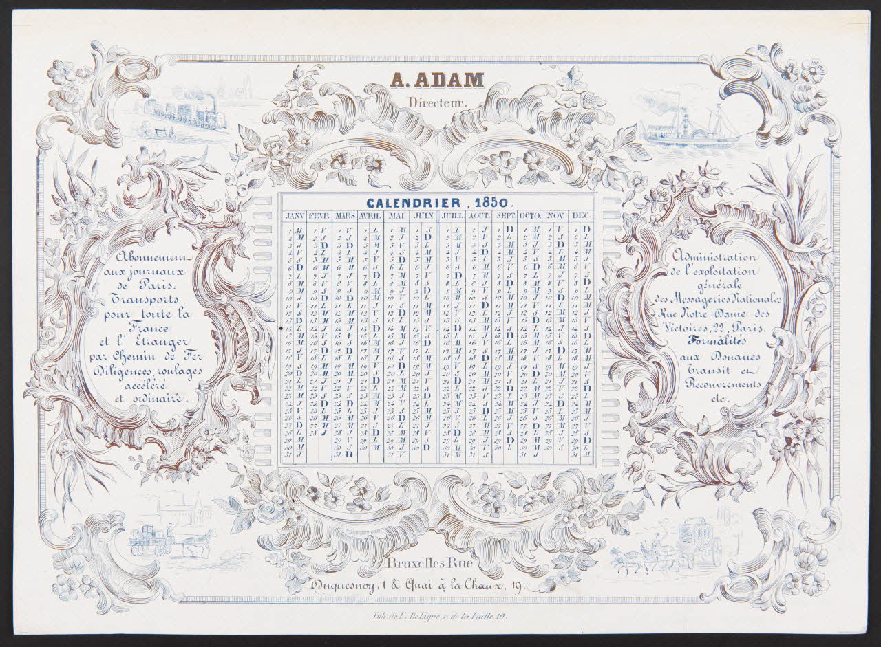 Deligne E. estampe CALENDRIER .1850. Bruxelles 1850 1993.2.276 Photo