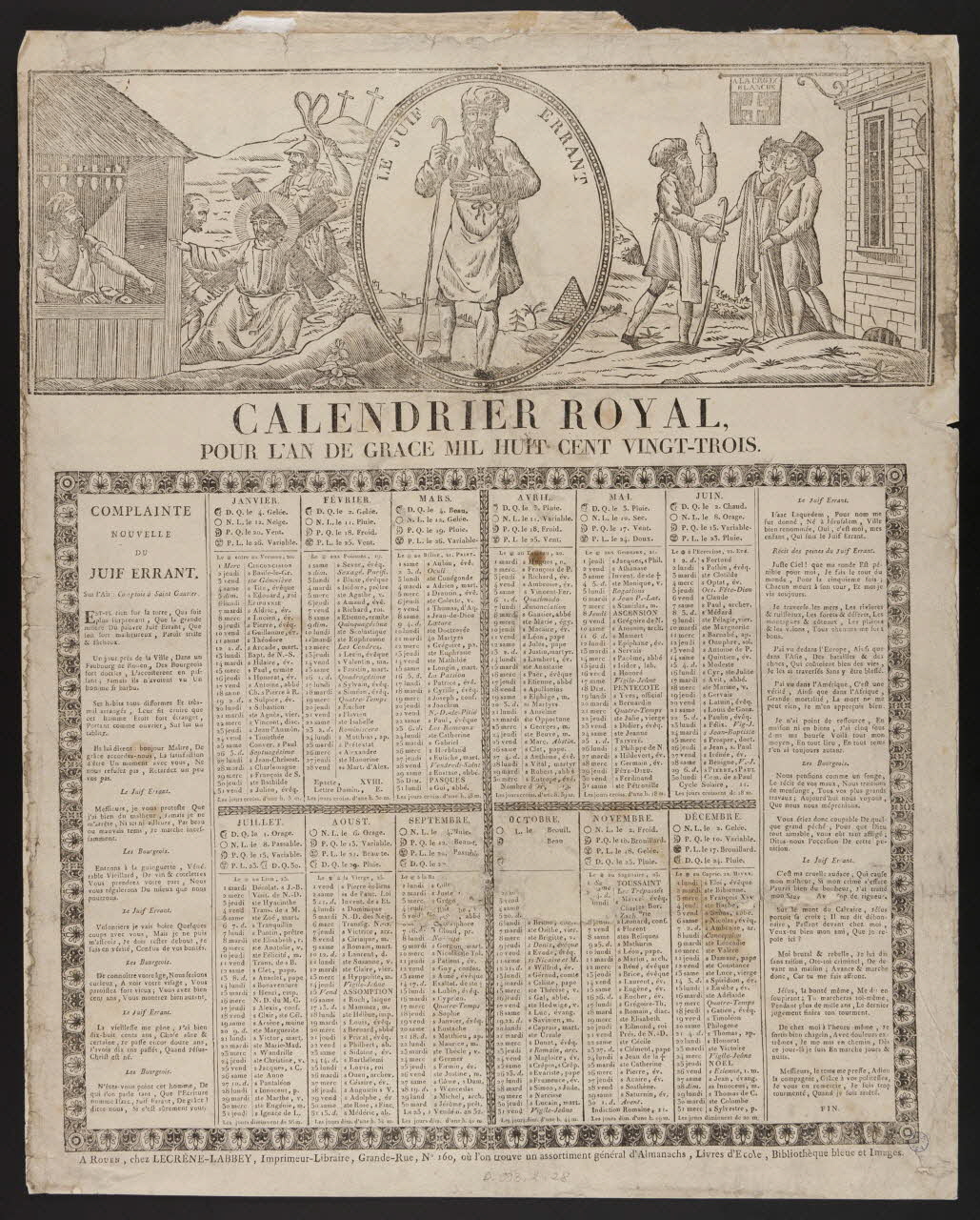 Laurent-Thomas-Joseph Lecrène-Labbey imagerie ancienne CALENDRIER ROYAL,  POUR L'AN DE GRACE MIL HUIT CENT VINGT-TROIS. Rouen 1823 1993.2.28 Photo