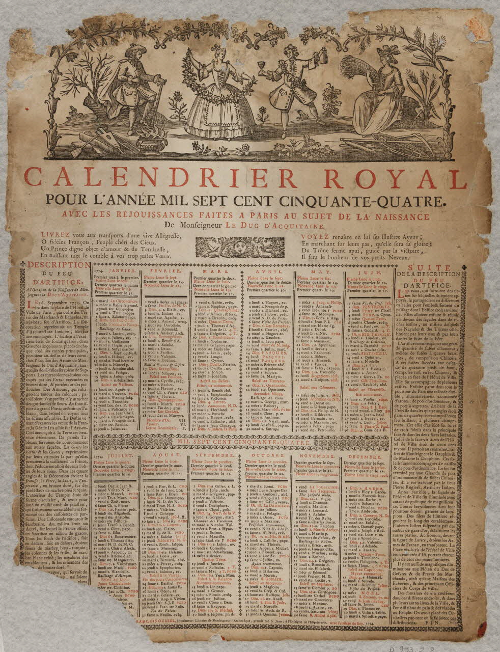 Oursel François imagerie ancienne CALENDRIER ROYAL  POUR L'ANNEE MIL SEPT CENT CINQUANTE-QUATRE. Rouen 1754 1993.2.3 Photo