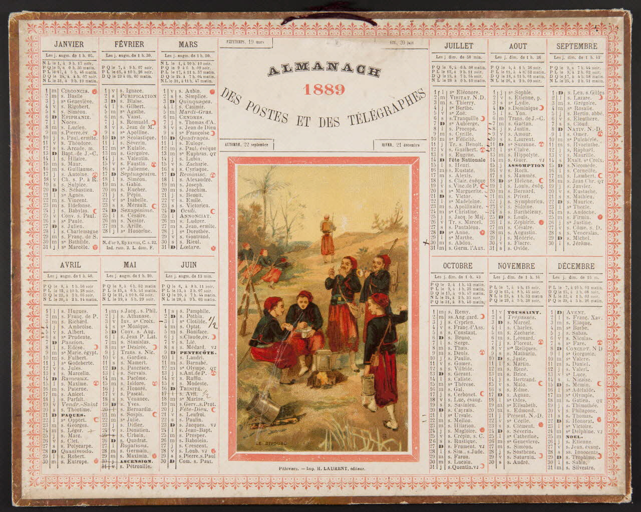 Laurent calendrier ALMANACH  1889  DES POSTES ET DES TELEGRAPHES  LE BIVOUAC Pithiviers 1889 1993.2.325 Photo