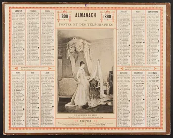 François, Charles Oberthür calendrier 1890  ALMANACH  DES  POSTES ET DES TELEGRAPHES  LE SOMMEIL DE BEBE Rennes 1890 1993.2.328 Photo