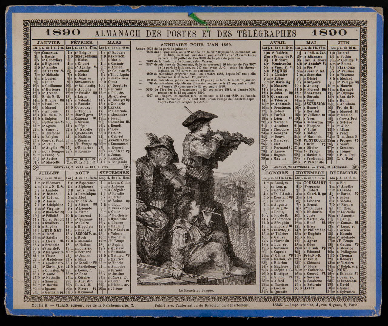 Vilain calendrier 1890 ALMANACH DES POSTES ET DES TELEGRAPHES 1890  Le Ménetrier basque Paris 1890 1993.2.329 Photo