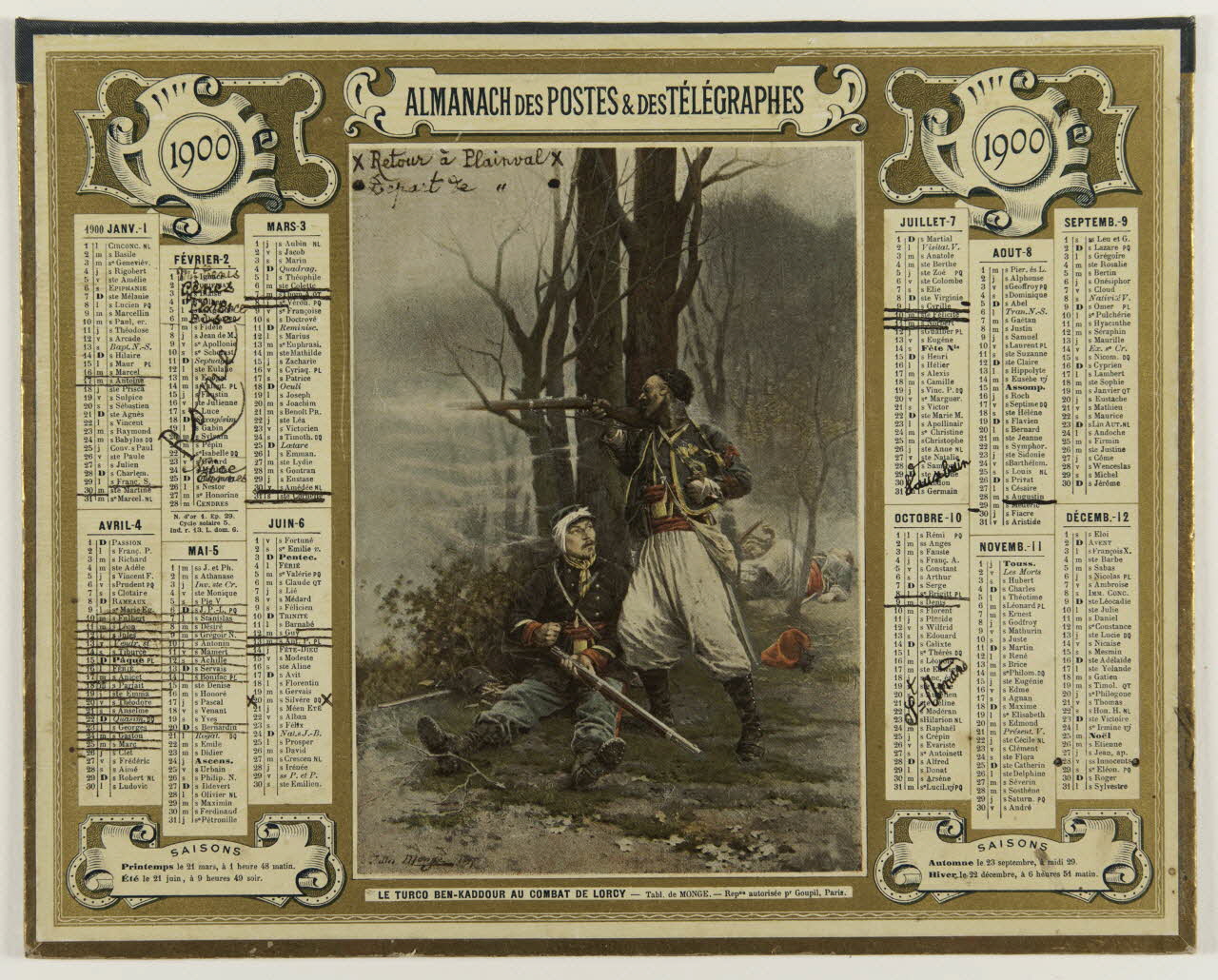 François, Charles Oberthür calendrier 1900  ALMANACH DES POSTES ET DES TELEGRAPHES  LE TURCO BEN-KADDOUR AU COMBAT DE LORCY Rennes 1900 1993.2.359 Photo