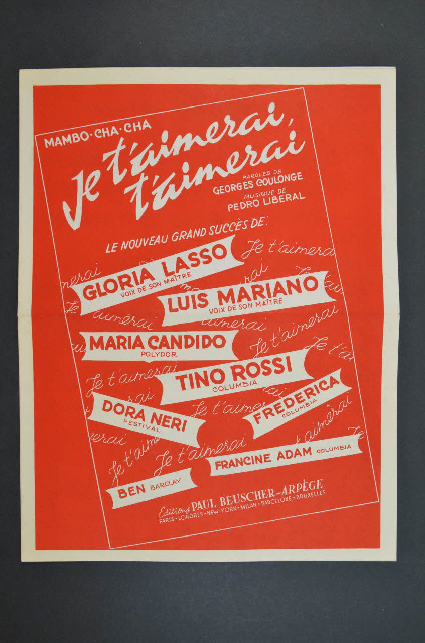 Georges Coulonges ; Pedro Liberal ; Gloria Lasso ; Luis Mariano ; Maria Candido ; Tino Rossi ; Dora Néri ; Frederica ; Ben et sa tumba ; Francine Adam ; Paul Beuscher, Editions chanson petit format 1958 1969.88.114 Photo Mucem