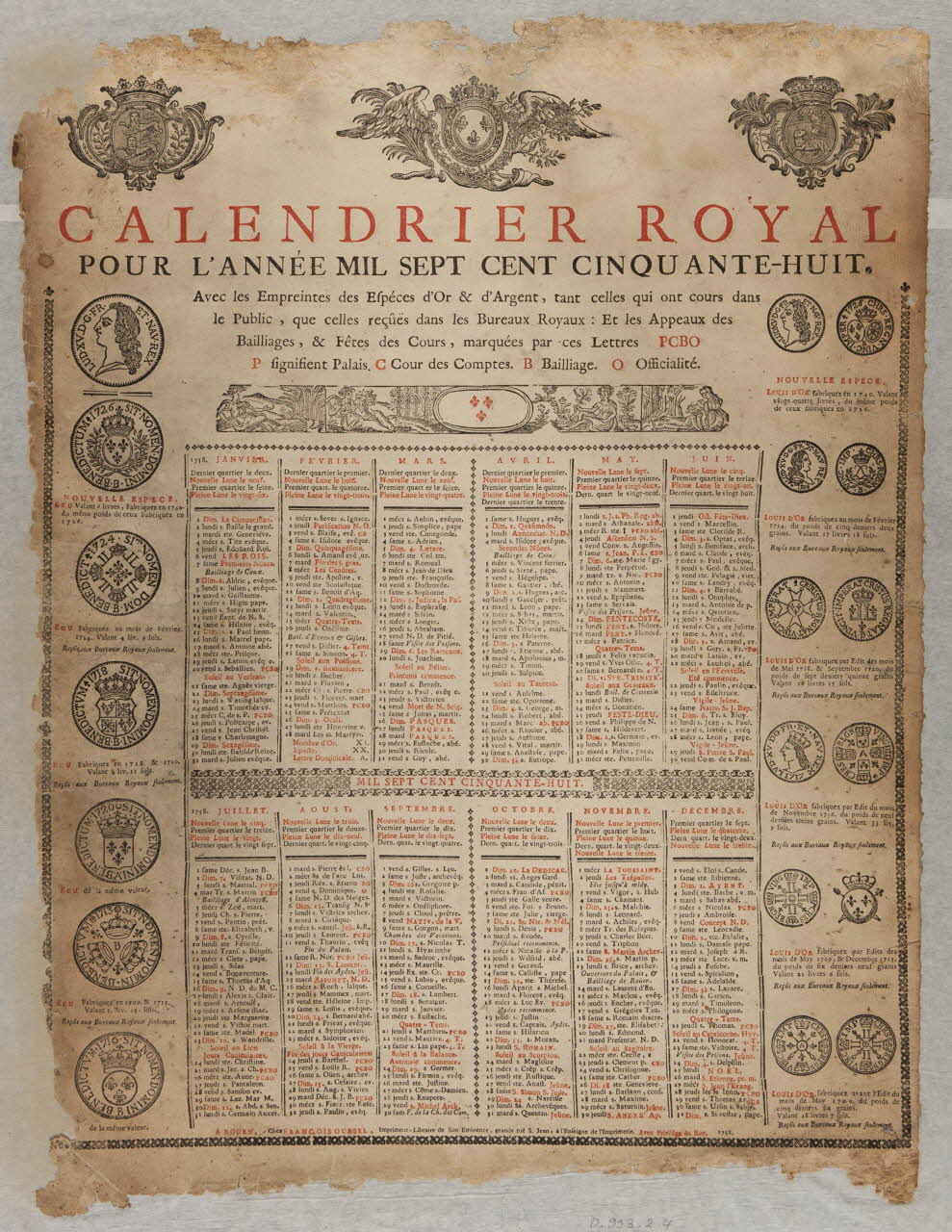 Oursel François imagerie ancienne CALENDRIER ROYAL  POUR L'ANNEE MIL SEPT CENT CINQUANTE-HUIT. Rouen 1758 1993.2.4 Photo