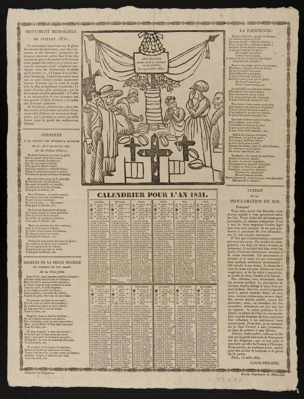 Boucquin ; Lottin de Saint-Germain calendrier CALENDRIER POUR L'AN 1831. Paris 1840 1993.2.43 Photo