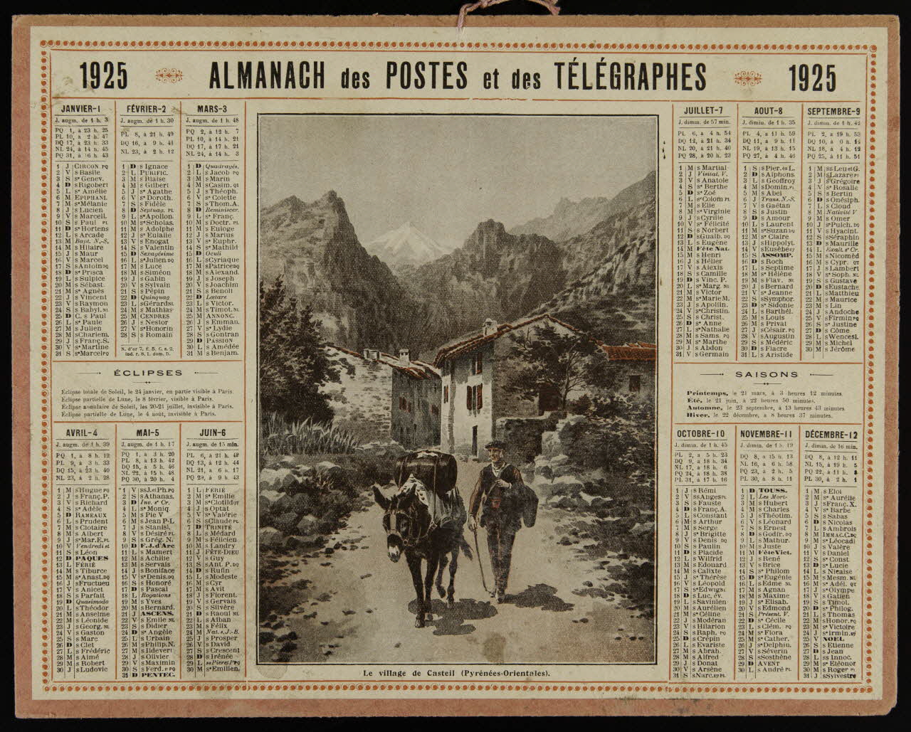 calendrier ALMANACH des POSTES et des TELEGRAPHES  1925  Le village de Casteil (Pyrénées-Orientales). 1925 1993.2.432 Photo