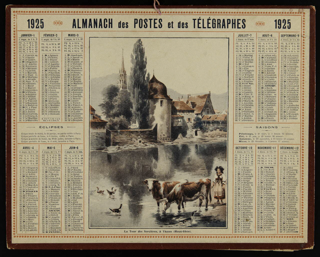 François, Charles Oberthür calendrier 1925  ALMANACH des POSTES et des TELEGRAPHES  La Tour des Sorcières, à Thann (Haut-Rhin). Rennes 1925 1993.2.433 Photo