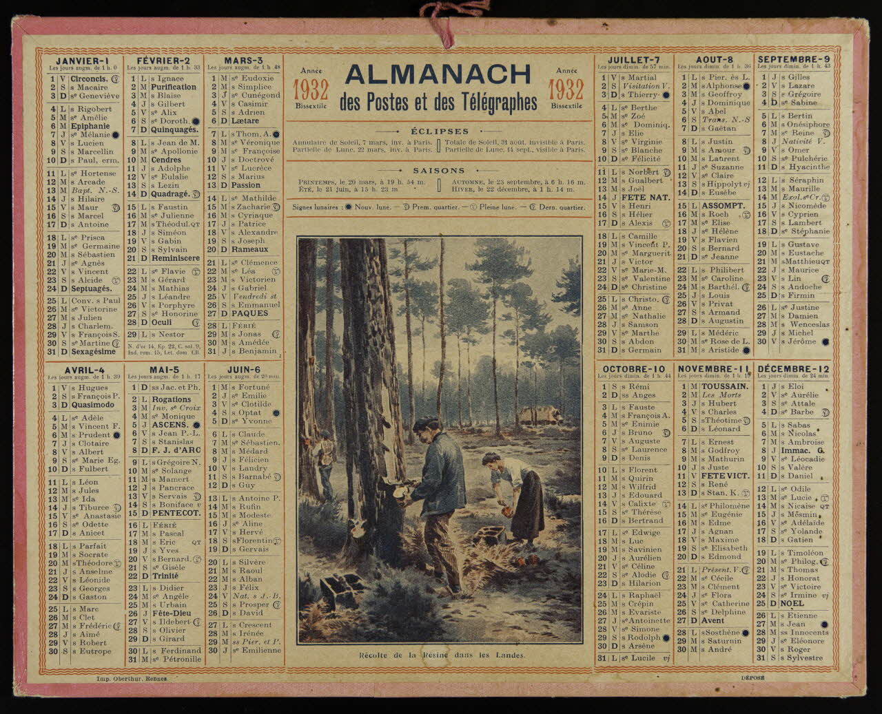 François, Charles Oberthür calendrier 1932  ALMANACH  des Postes et des Télégraphes  Récolte de la Résine dans les Landes. Rennes 1932 1993.2.457 Photo