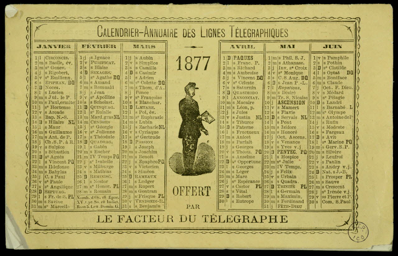 Ricateau-Hamelin et Cie calendrier CALENDRIER-ANNUAIRE DES LIGNES TELEGRAPHIQUES  1877  OFFERT  PAR  LE FACTEUR DU TELEGRAPHE Montpellier 1876 1993.2.46 Photo