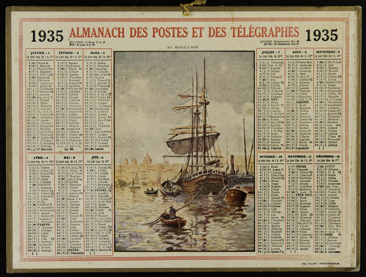 Maunier V. ; Calendriers Oller calendrier 1935  ALMANACH DES POSTES ET DES TELEGRAPHES  AU MOUILLAGE Paris 1935 1993.2.471 Photo