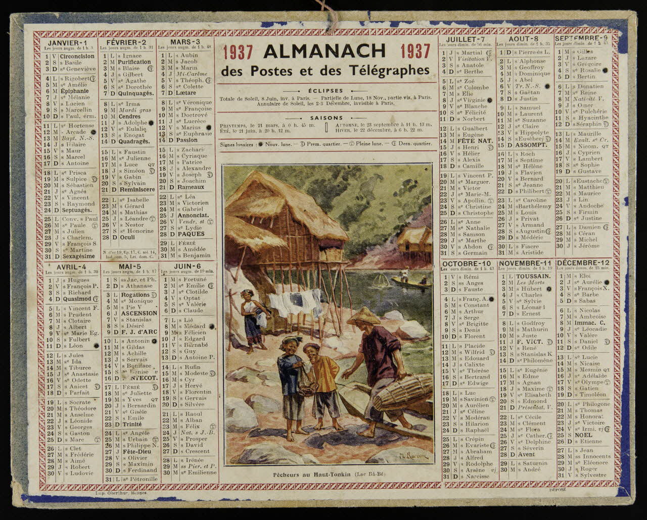 Beuzon Jean Louis ; François, Charles Oberthür calendrier 1937  ALMANACH  des Postes et des Télégraphes  Pêcheurs du Haut-Tonkin (Lac Bâ-Bé) Rennes 1937 1993.2.477 Photo
