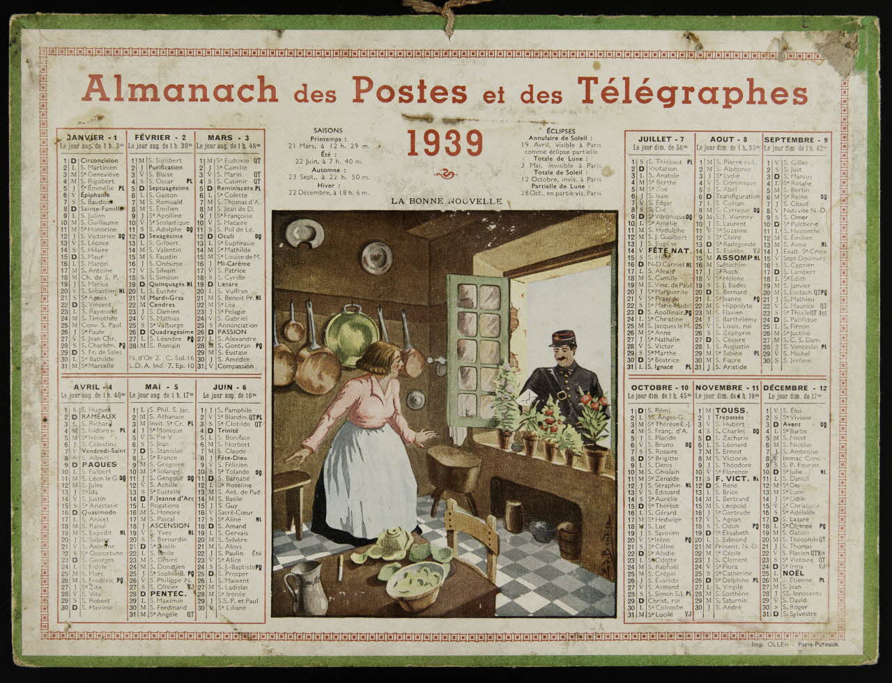 Bondion E.S. ; Calendriers Oller calendrier Almanach des Postes et des Télégraphes  1939  LA BONNE NOUVELLE Paris 1939 1993.2.486 Photo
