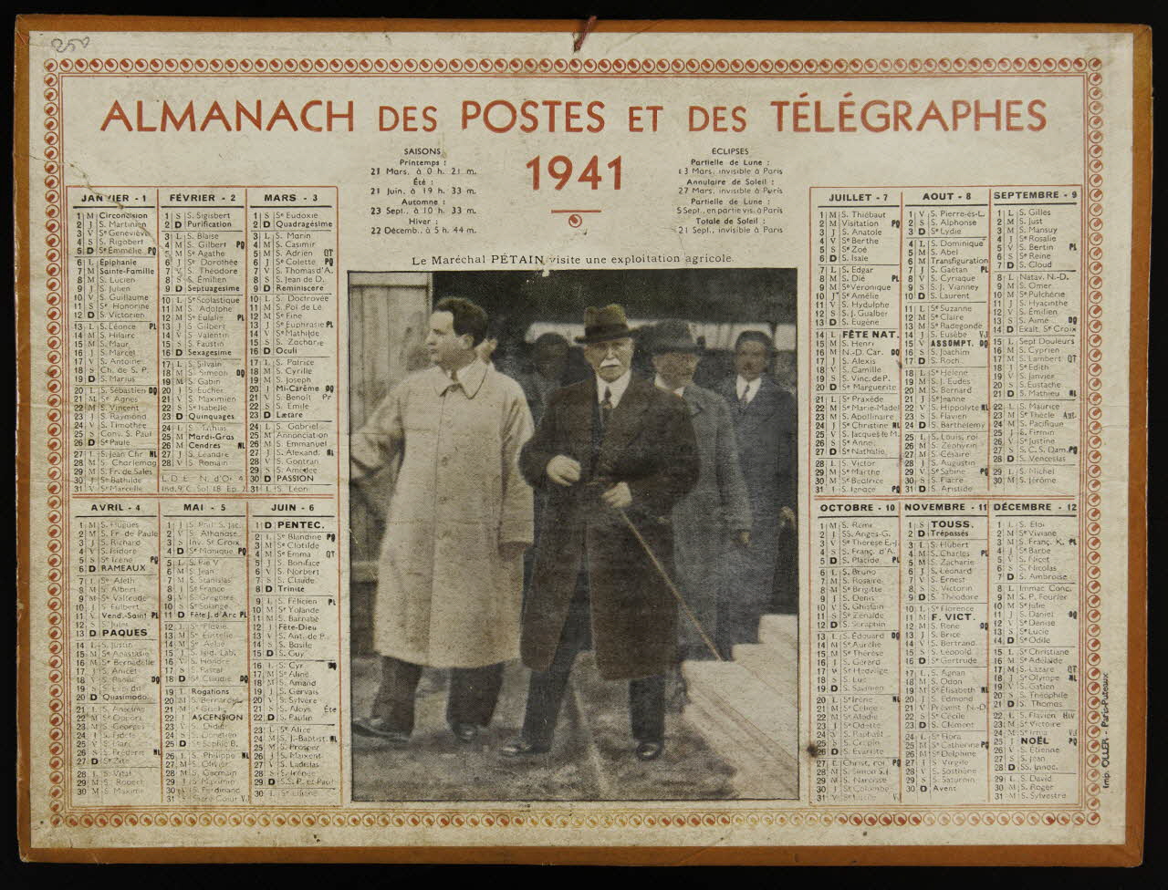 Calendriers Oller calendrier ALMANACH DES POSTES ET DES TELEGRAPHES  1941  Le Maréchal PETAIN visite une exploitation agricole. 1941 1993.2.491 Photo