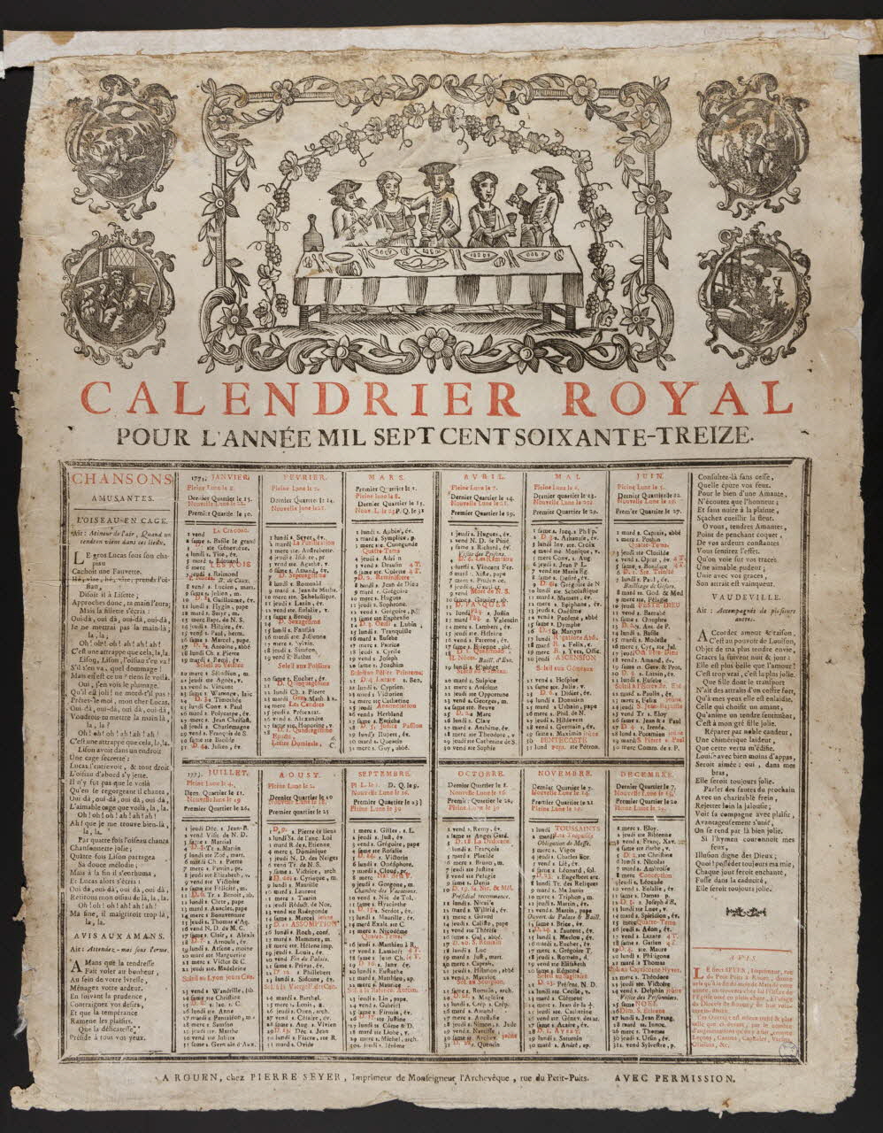Seyer Pierre imagerie ancienne CALENDRIER ROYAL  POUR L'ANNEE MIL SEPT CENT SOIXANTE-TREIZE. Rouen 1773 1993.2.6 Photo