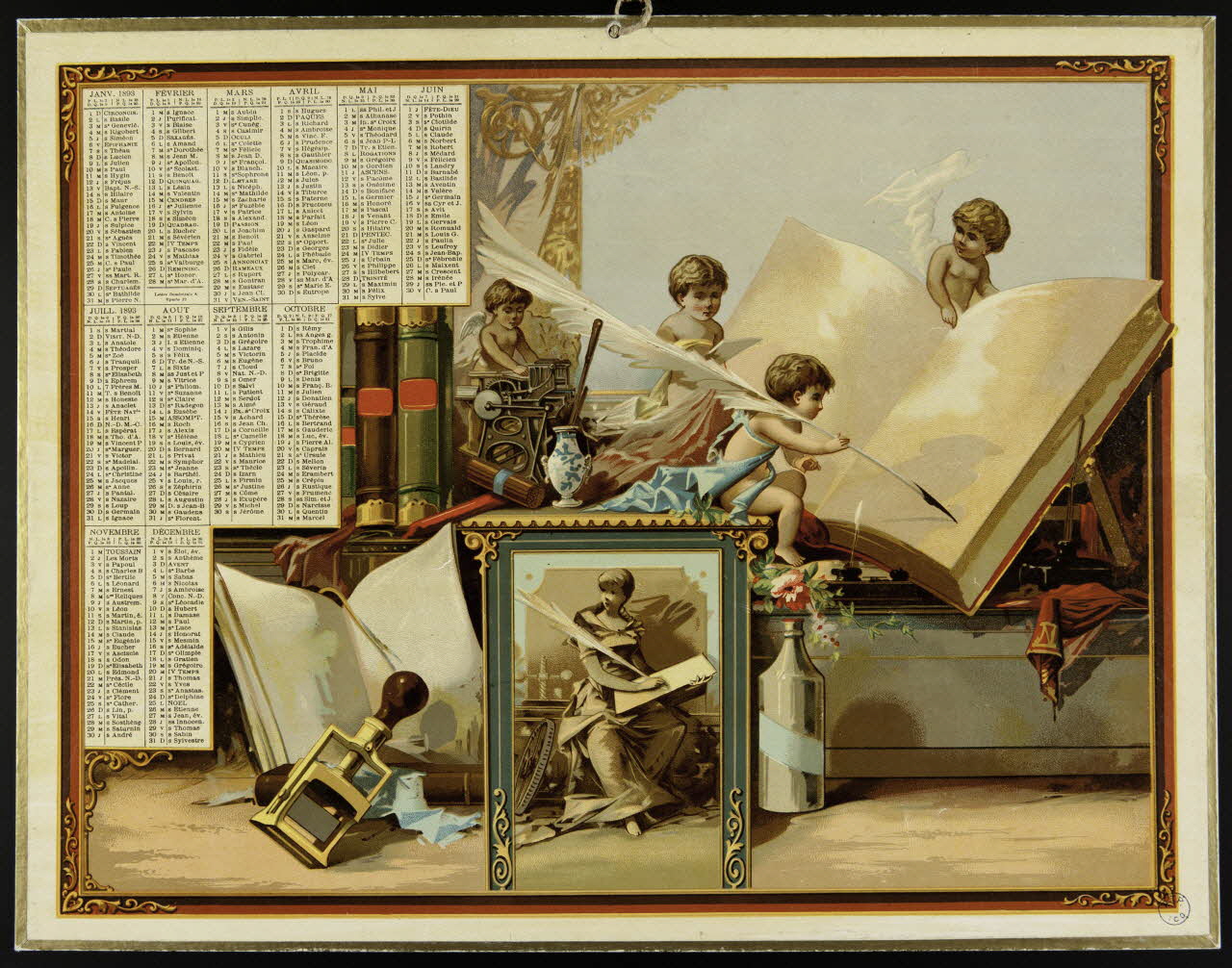 calendrier Putti écrivant sur un livre géant 1893 1993.2.63 Photo