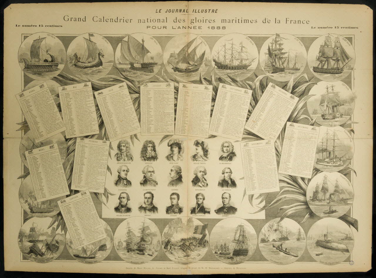 Meyer Henri ; Julien G. ; Fichot Karl ; Bressler H. ; Méaulle ; Le Jou calendrier LE JOURNAL ILLUSTRE  Grand Calendrier national des gloires maritimes de la France  POUR L'ANNEE 1888 France 1888 1993.2.87 Photo