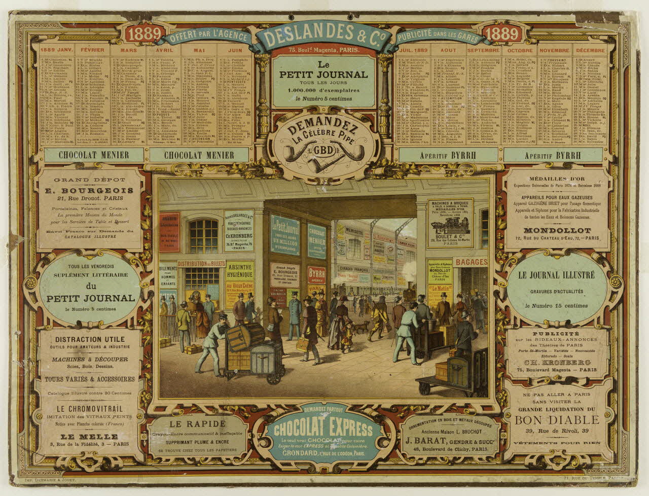 Deymarie et Jouet calendrier 1889 OFFERT PAR L'AGENCE DESLANDES ET Co PUBLICITE DANS LES GARES Paris 1889 1993.2.88 Photo