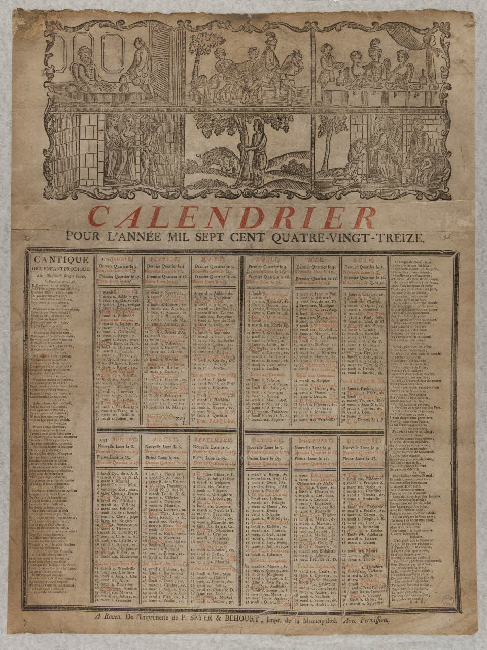 Seyer et Béhourt imagerie ancienne CALENDRIER  POUR L'ANNEE MIL SEPT CENT QUATRE-VINGT-TREIZE. Rouen 1793 1993.2.9 Photo