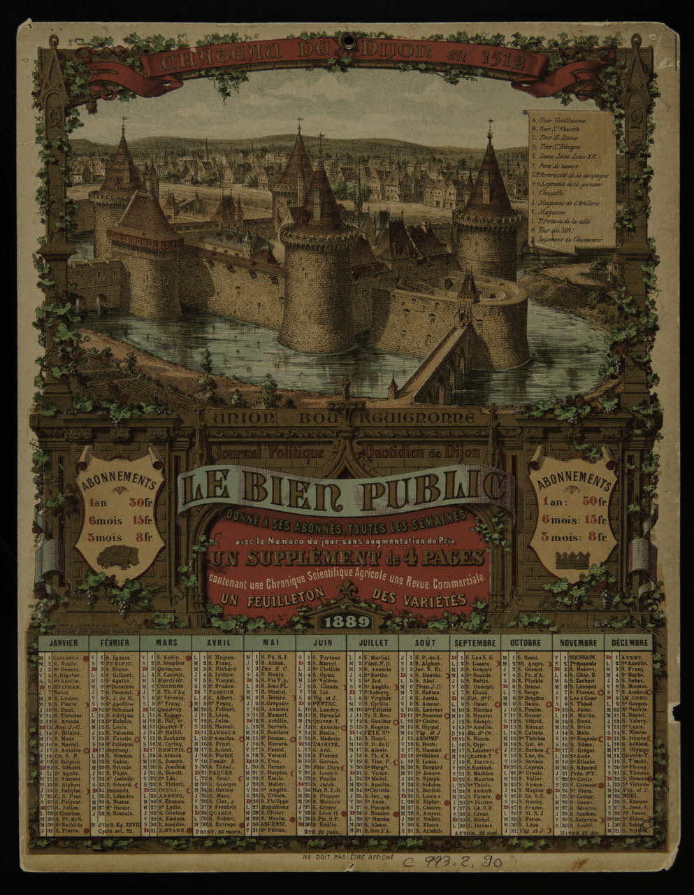 Eugène Jobard calendrier CHÂTEAU DE DIJON en 1512  LE BIEN PUBLIC Dijon 1889 1993.2.90 Photo