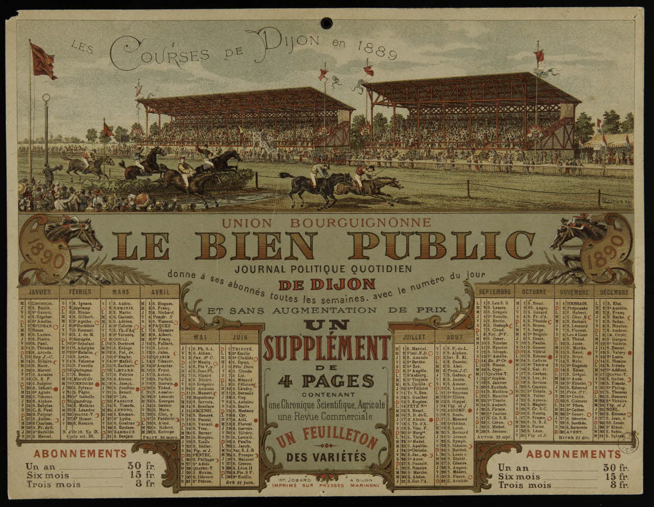 Eugène Jobard calendrier LES COURSES DE DIJON EN 1889  LE BIEN PUBLIC Dijon 1890 1993.2.93 Photo