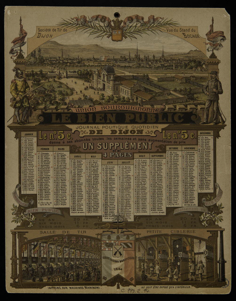 Eugène Jobard calendrier Société de Tir de  DIJON  Vue du Stand du  BOCAGE  UNION BOURGUIGNONNE  LE BIEN PUBLIC Dijon 1891 1993.2.94 Photo