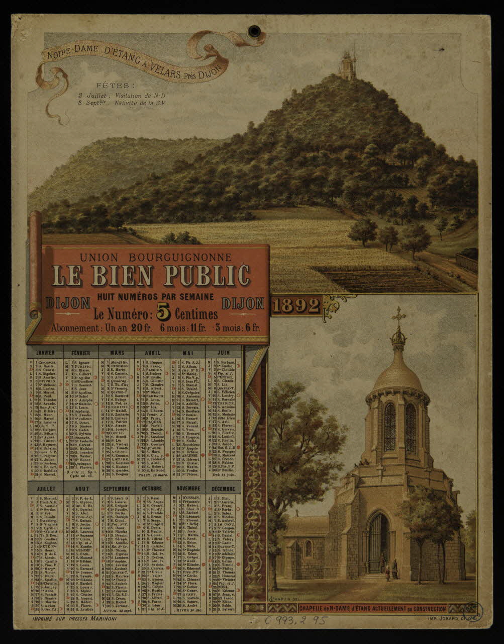 Chapuis L. ; Eugène Jobard calendrier NOTRE-DAME D'ETANG A VELARS Près DIJON  UNION BOURGUIGNONNE  LE BIEN PUBLIC Dijon 1892 1993.2.95 Photo