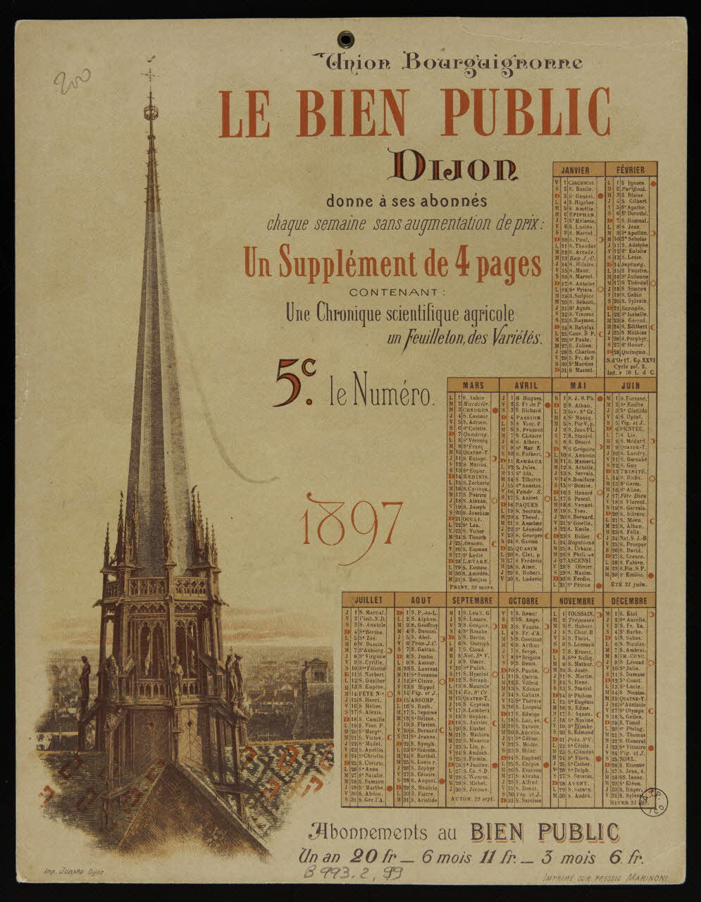 calendrier LE BIEN PUBLIC  Dijon Dijon 1897 1993.2.99 Photo