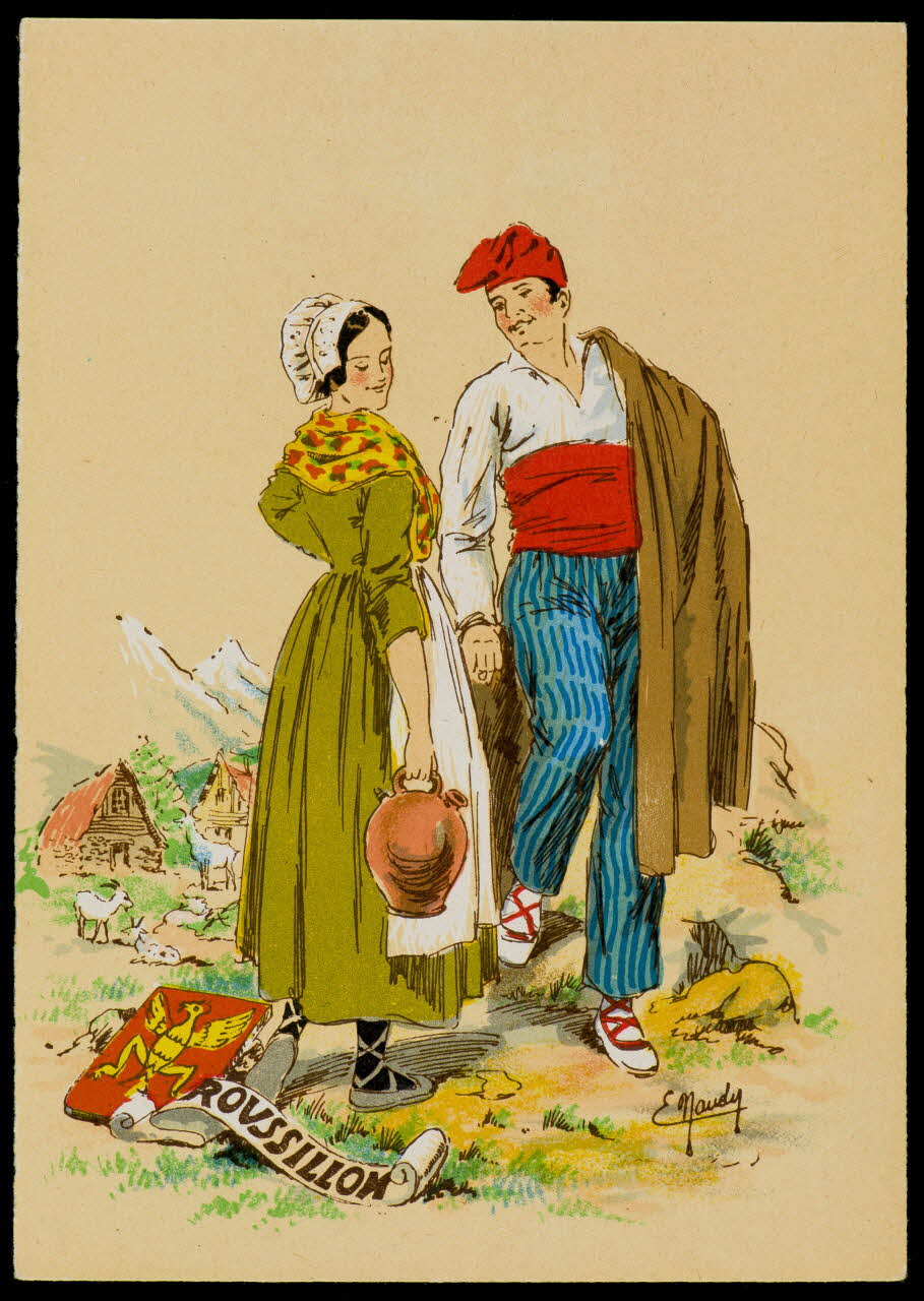 Maudy E. ; Barré M. ; Dayez J. carte postale Homme et femme en costume du Roussillon Paris 1951 1993.33.10 Photo