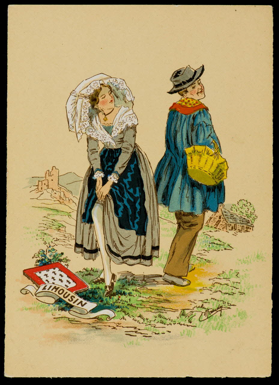 Maudy E. ; Barré M. ; Dayez J. carte postale Homme et femme en costume limousin Paris 1951 1993.33.13 Photo