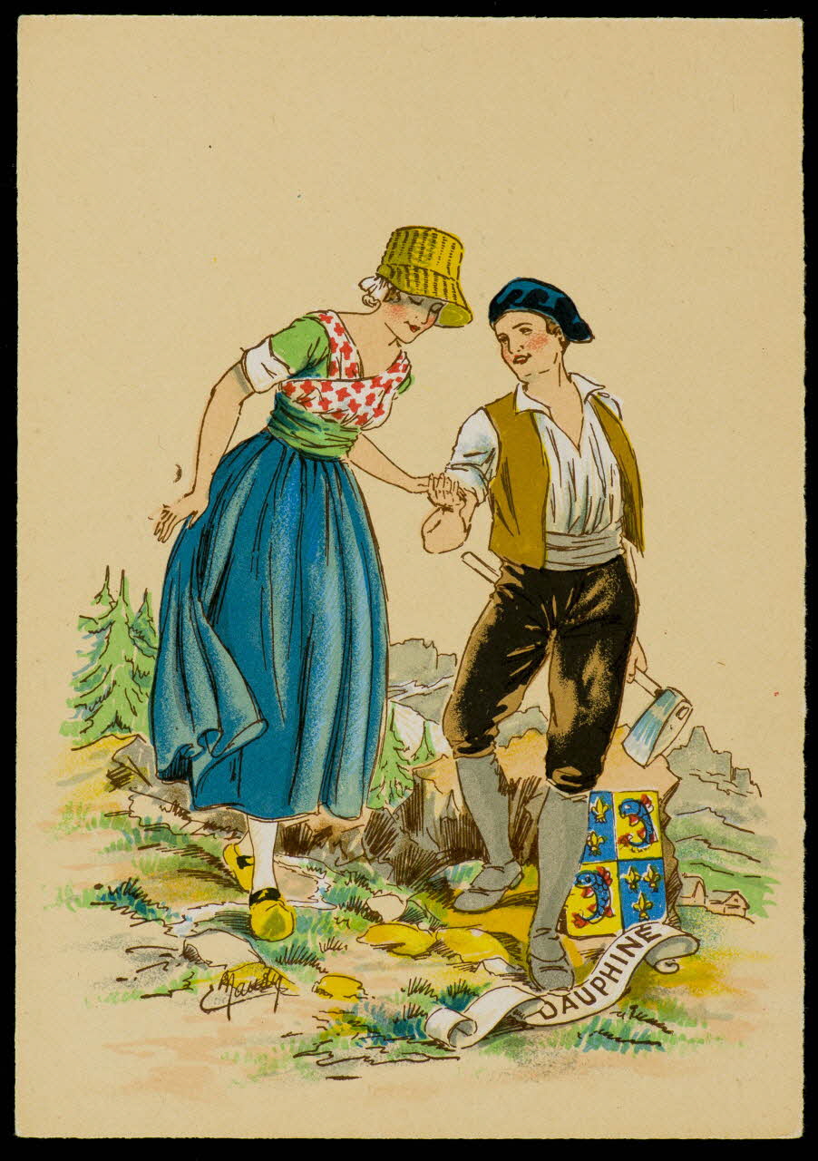 Maudy E. ; Barré M. ; Dayez J. carte postale Homme et femme en costume dauphinois Paris 1951 1993.33.14 Photo