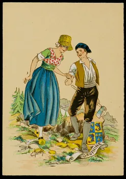 Maudy E. ; Barré M. ; Dayez J. carte postale Homme et femme en costume dauphinois Paris 1951 1993.33.14 Photo