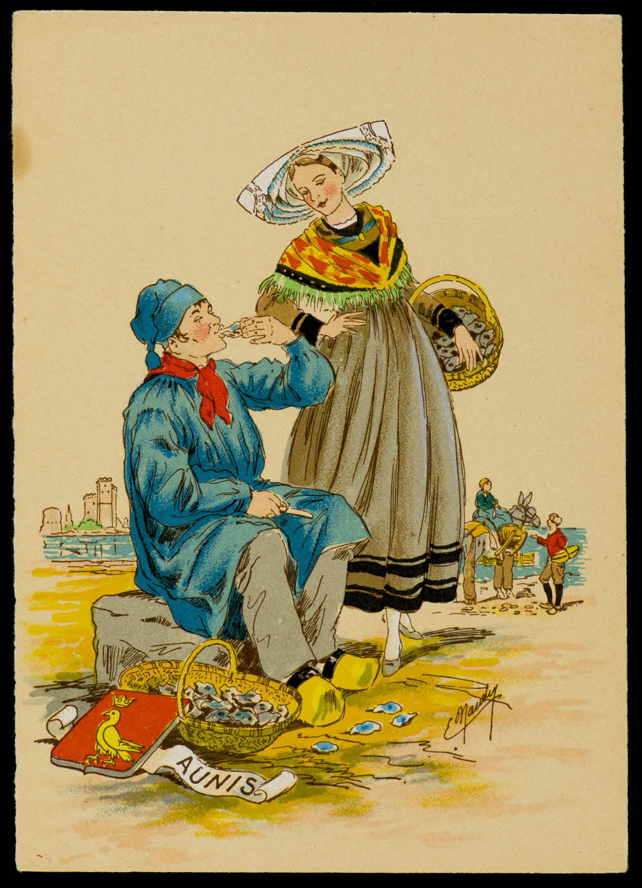 Maudy E. ; Barré M. ; Dayez J. carte postale Homme et femme en costume d'Aunis Paris 1951 1993.33.15 Photo