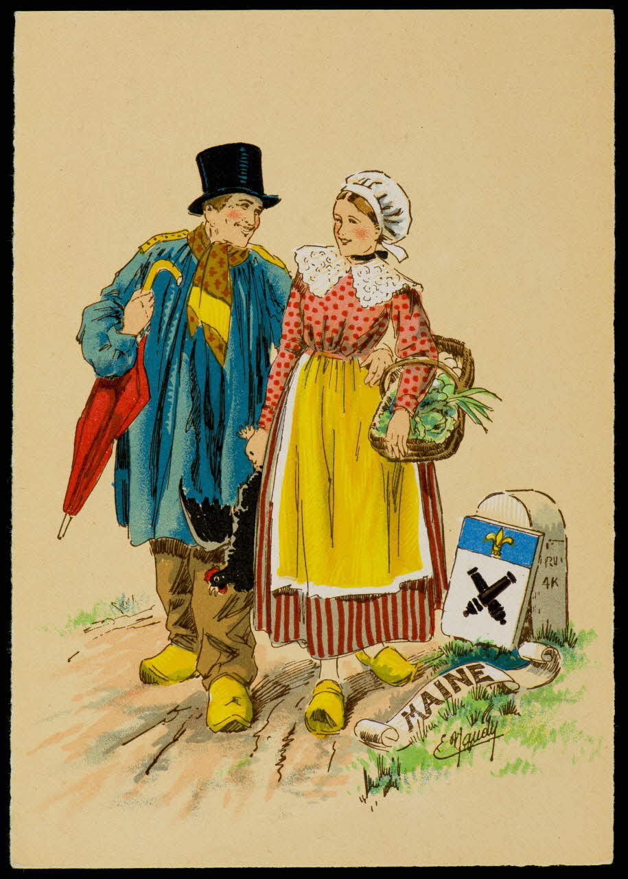 Maudy E. ; Barré M. ; Dayez J. carte postale Homme et femme en costume du Maine Paris 1951 1993.33.16 Photo