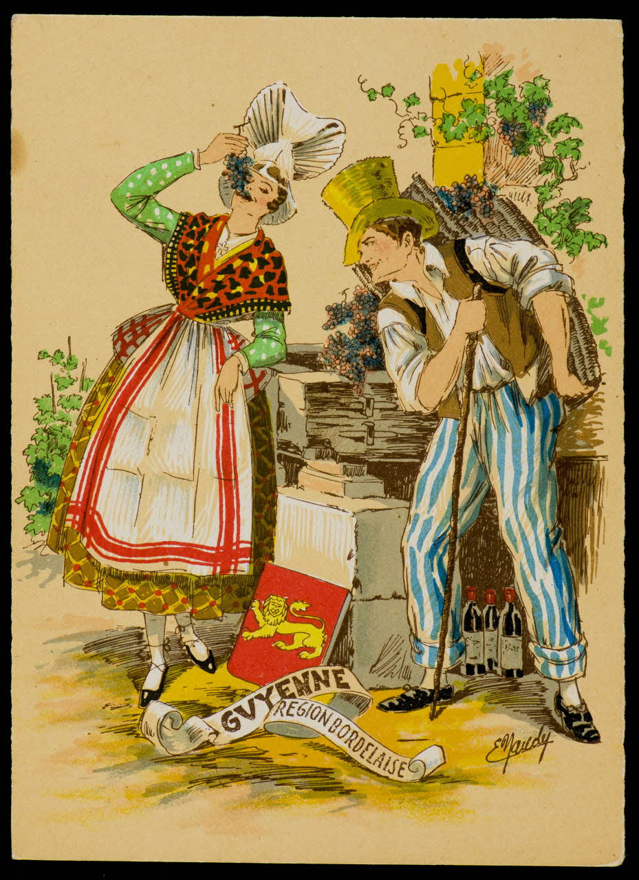 Maudy E. ; Barré M. ; Dayez J. carte postale Homme et femme en costume de Guyenne Paris 1951 1993.33.17 Photo