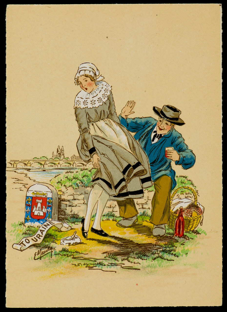 Maudy E. ; Barré M. ; Dayez J. carte postale Homme et femme en costume de Touraine Paris 1951 1993.33.18 Photo