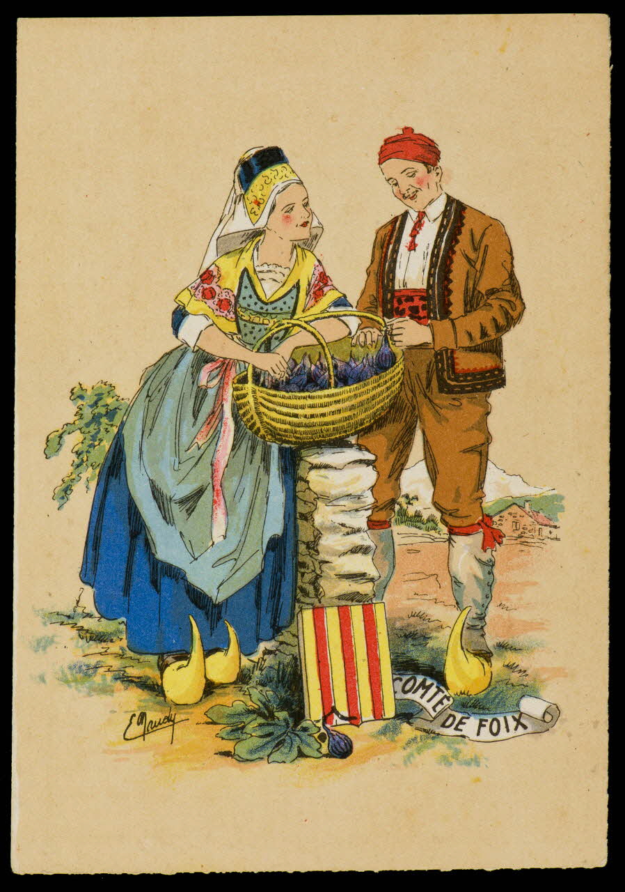 Maudy E. ; Barré M. ; Dayez J. carte postale Homme et femme en costume du comté de Foix Paris 1951 1993.33.19 Photo