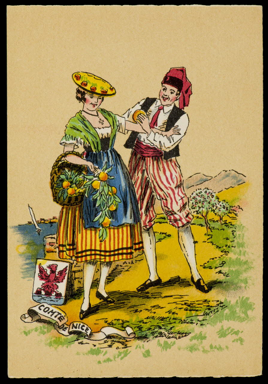 Maudy E. ; Barré M. ; Dayez J. carte postale Homme et femme en costume de Nice Paris 1951 1993.33.21 Photo