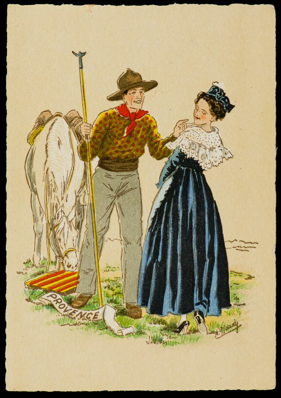 Maudy E. ; Barré M. ; Dayez J. carte postale Homme et femme en costume provençal Paris 1951 1993.33.23 Photo