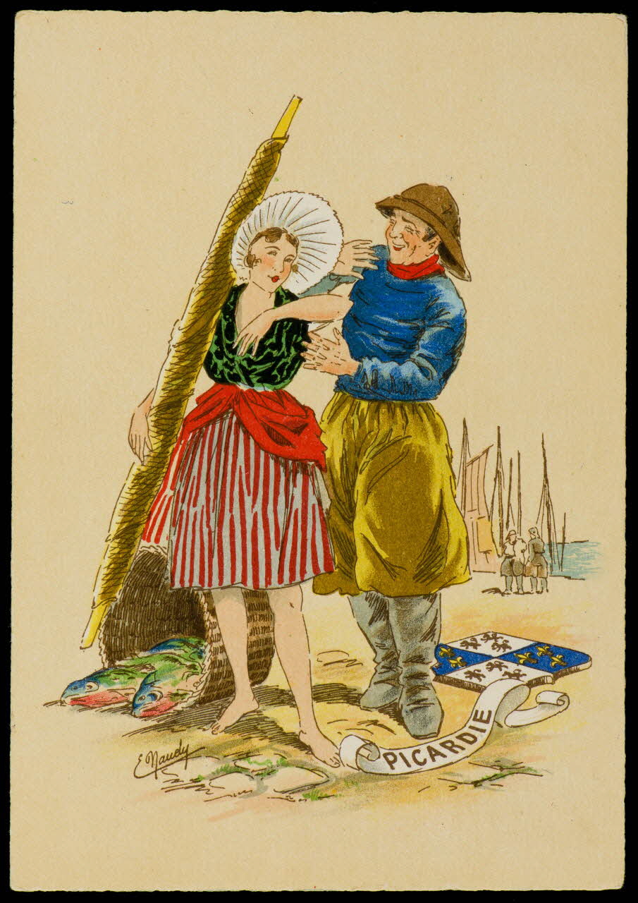 Maudy E. ; Barré M. ; Dayez J. carte postale Homme et femme en costume picard Paris 1951 1993.33.25 Photo