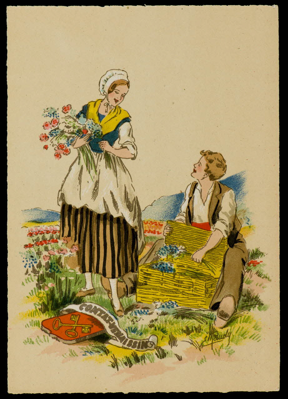 Maudy E. ; Barré M. ; Dayez J. carte postale Homme et femme en costume du Contat-Venaissin Paris 1951 1993.33.26 Photo