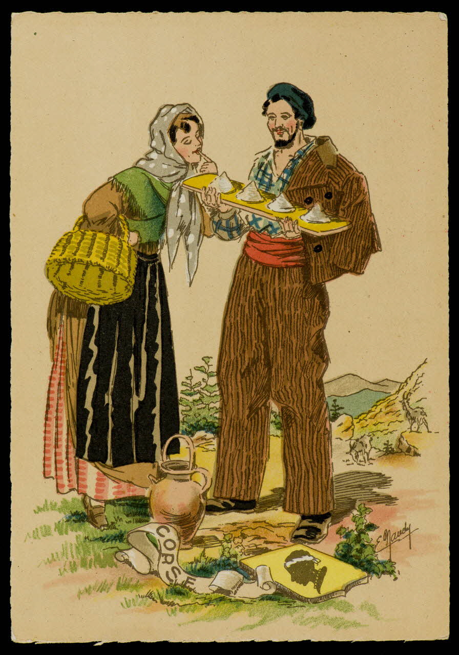 Maudy E. ; Barré M. ; Dayez J. carte postale Homme et femme en costume corse Paris 1951 1993.33.27 Photo