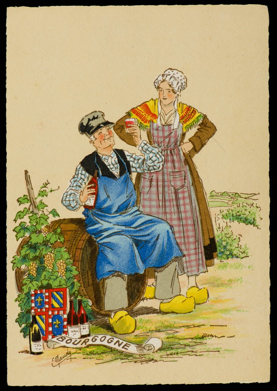 Maudy E. ; Barré M. ; Dayez J. carte postale Homme et femme en costume bourguignon Paris 1951 1993.33.28 Photo