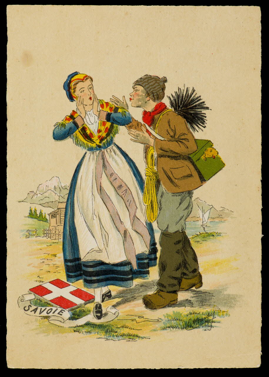 Maudy E. ; Barré M. ; Dayez J. carte postale Homme et femme en costume savoyard Paris 1951 1993.33.29 Photo