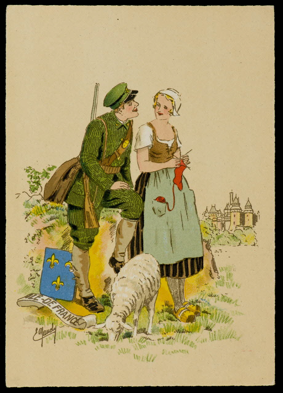 Maudy E. ; Barré M. ; Dayez J. carte postale Homme et femme en costume d'Ile-de-France Paris 1951 1993.33.30 Photo