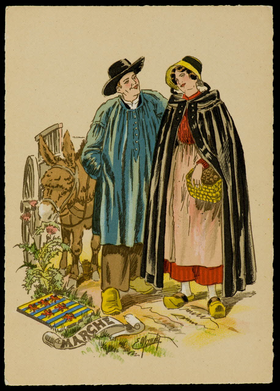 Maudy E. ; Barré M. ; Dayez J. carte postale Homme et femme en costume de la Marche Paris 1951 1993.33.31 Photo